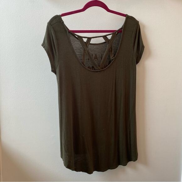 Alya Women's Olive Forest Green Babydoll Graphic Tunic Criss Cross Back Size S - Picture 6 of 8